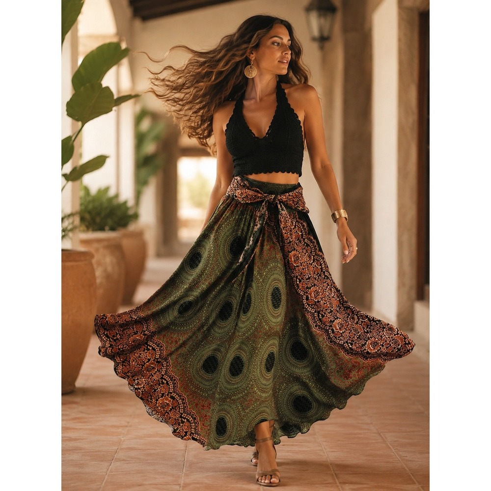 Bangkok Pants Women Green Peacock Floral Mandala Smocked Waist Maxi Skirt OS